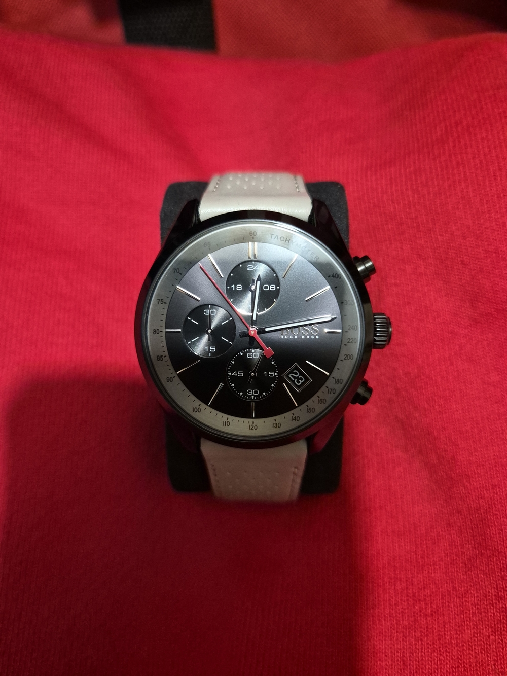 Boss Men's Black Dial Chronograph Watch with Beige Strap